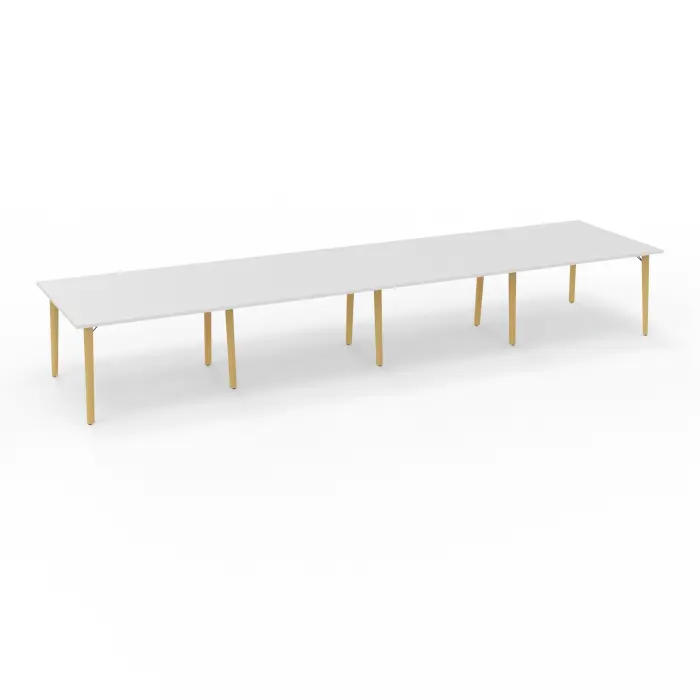 Robin table réunion 16personnes L. 480 cm x P. 120 cm x H. 73,5 mélamine blanc neige pré-percé obturateur pieds métal lisse noir/bois hêtre massif vernis