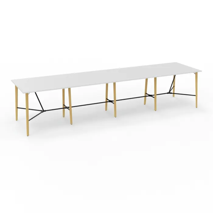 Robin table réunion 16personnes L. 480 cm x P. 120 cm x H. 104,5 mélamine blanc neige pré-percé obturateur pieds métal lisse noir/bois hêtre massif vernis