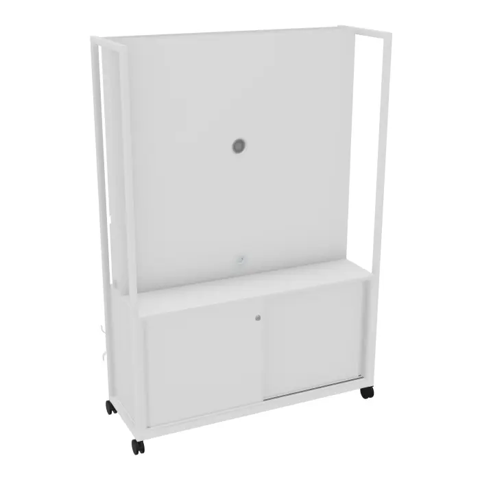 Tableau mobile multimédia Martin avec armoire portes coulissantes H. 197 cm x L. 135 cm x P. 46 cm mélamine blanc neige verso avec tableau blanc Veleda et bande magnétique piètements métal structuré blanc