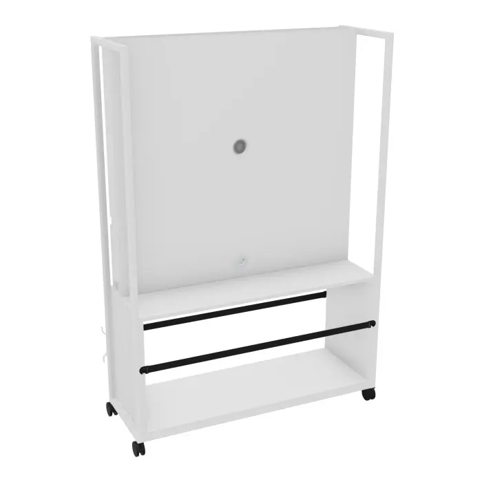 Tableau mobile multimédia Martin avec rangement poufs Zélie (option) H. 197 cm x L. 135 cm x P. 46 cm mélamine blanc neige verso avec tableau blanc Veleda et bande magnétique piètements métal structuré blanc