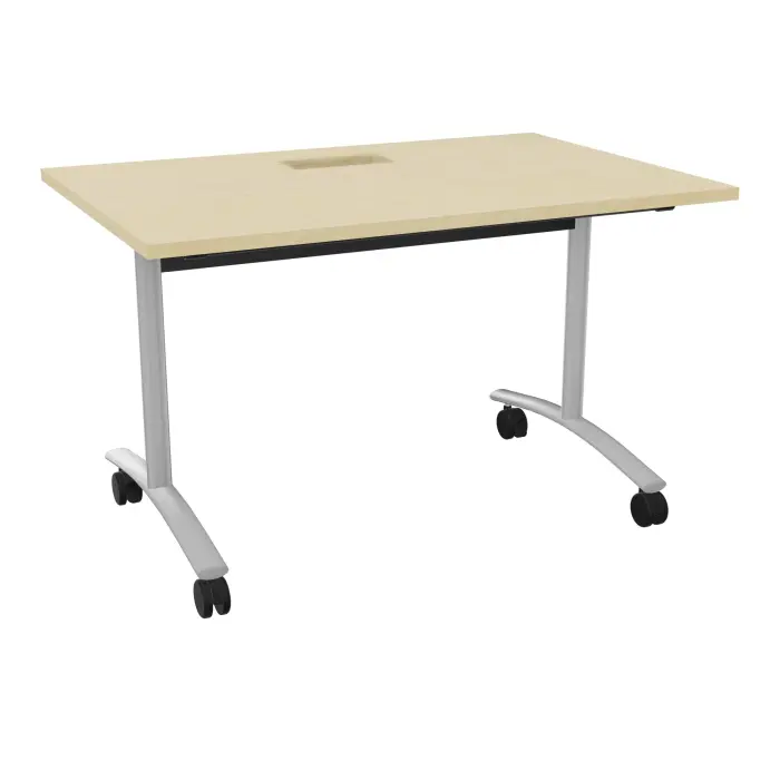 Table abattante rectangulaire L. 120 x P. 80 x H. 73,5 cm avec goulotte L. 50 cm - plateau ép. 25 mm avec découpe trappe mélamine pin maritime - piètements métalliques sur roulettes métal lisse gris aluminium