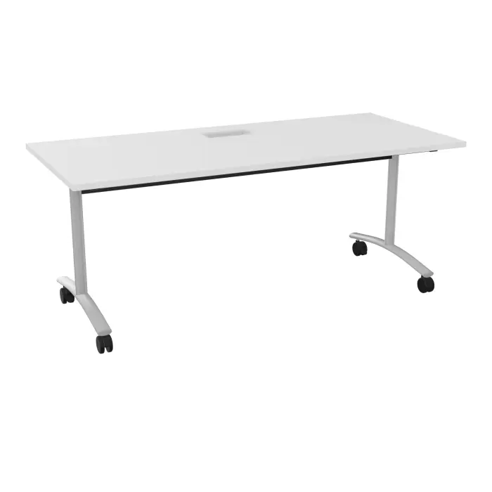 Table abattante rectangulaire L. 180 x P. 80 x H. 73,5 cm avec goulotte L. 50 cm - plateau ép. 25 mm avec découpe trappe mélamine blanc neige - piètements métalliques sur roulettes métal lisse gris aluminium