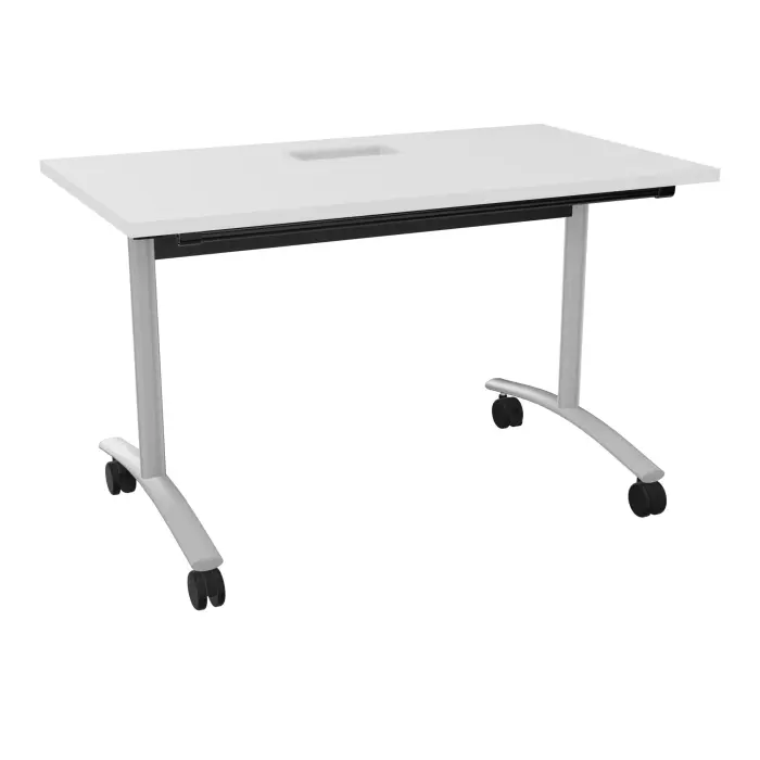 Table abattante rectangulaire L. 120 x P. 68 x H. 73,5 cm avec goulotte L. 50 cm - plateau ép. 25 mm avec découpe trappe mélamine blanc neige - piètements métalliques sur roulettes métal lisse gris aluminium