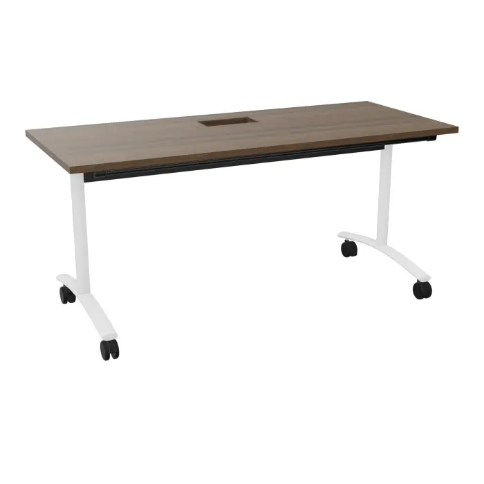 Table abattante rectangulaire L. 160 x P. 68 x H. 73,5 cm avec goulotte L. 50 cm - plateau ép. 25 mm avec découpe trappe mélamine noyer brun - piètements métalliques sur roulettes métal lisse blanc