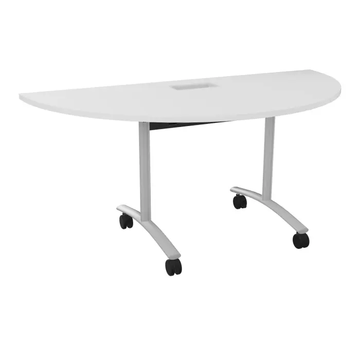 Table abattante demi-lune L. 165 x P. 82,5 x H. 73,5 cm avec goulotte L. 50 cm - plateau ép. 25 mm avec découpe trappe mélamine blanc neige - piètements métalliques sur roulettes métal lisse gris aluminium