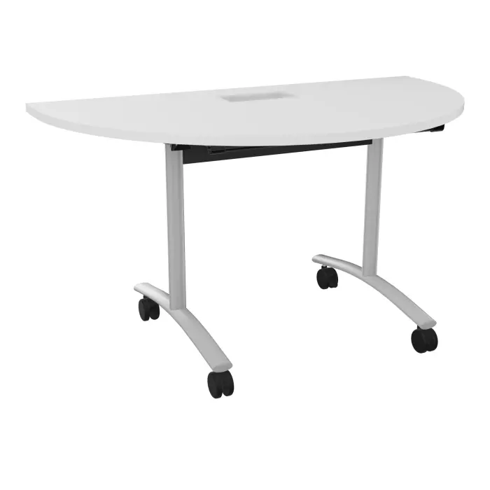 Table abattante demi-lune L. 136 x P. 78 x H. 73,5 cm avec goulotte L. 50 cm - plateau ép. 25 mm avec découpe trappe mélamine blanc neige - piètements métalliques sur roulettes métal lisse gris aluminium