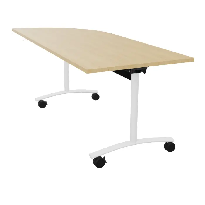 Table abattante L. 205 x P. 80 x H. 73,5 cm - plateau ép. 25 mm angle intégré à droite mélamine Chêne naturel - piètements métalliques sur roulettes métal lisse blanc