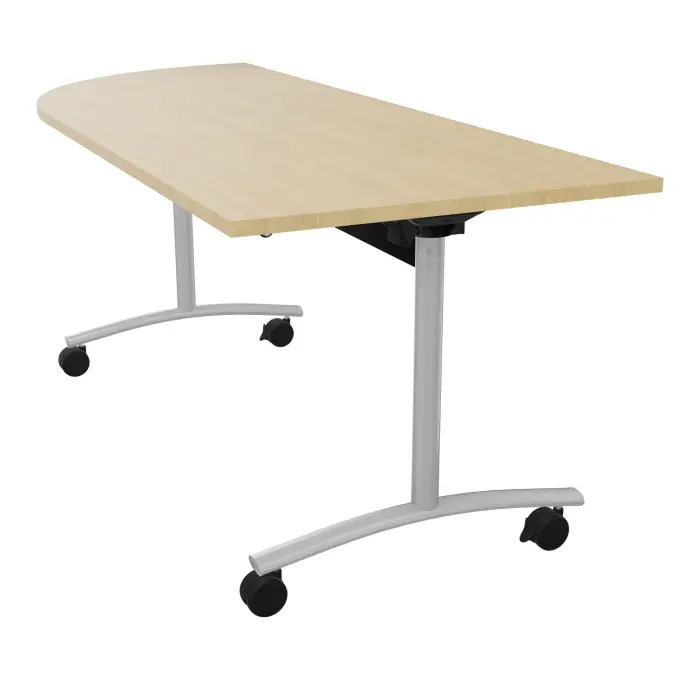Table abattante L. 205 x P. 80 x H. 73,5 cm - plateau ép. 25 mm angle intégré à gauche mélamine Chêne naturel - piètements métalliques sur roulettes métal lisse gris aluminium