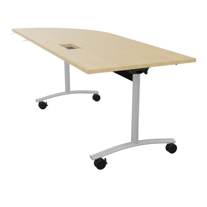 Table abattante L. 205 x P. 80 x H. 73,5 cm - plateau ép. 25 mm angle intégré à droite avec découpe trappe mélamine Chêne naturel - piètements métalliques sur roulettes métal lisse gris aluminium