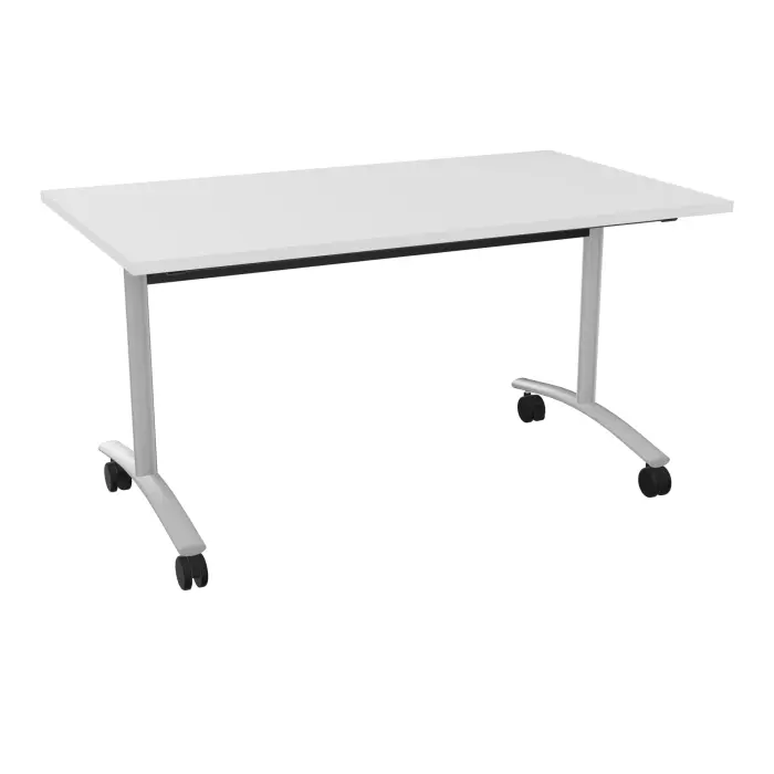 Table abattante modulable rectangulaire L. 140 x P. 80 x H. 73,5 cm - plateau mélamine ép. 25 mm mélamine blanc neige piètements métalliques sur roulettes métal lisse gris aluminium
