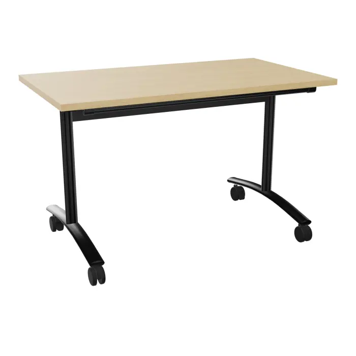 Table abattante modulable rectangulaire L. 120 x P. 68 x H. 73,5 cm - plateau mélamine ép. 25 mm mélamine Chêne naturel piètements sur roulettes métal lisse noir