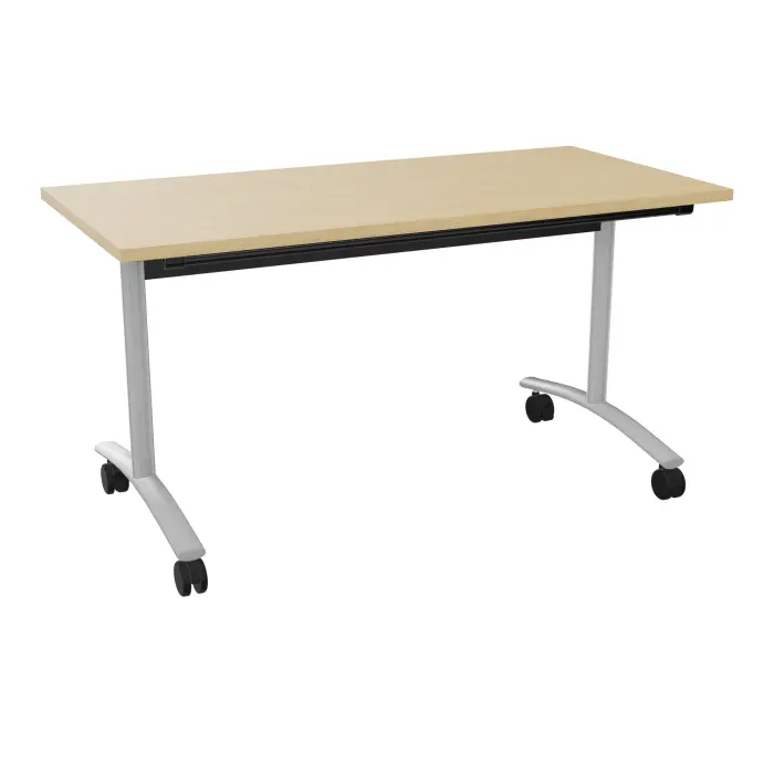 Table abattante modulable rectangulaire L. 140 x P. 68 x H. 73,5 cm - plateau mélamine ép. 25 mm mélamine Chêne naturel piètements sur roulettes métal lisse gris aluminium