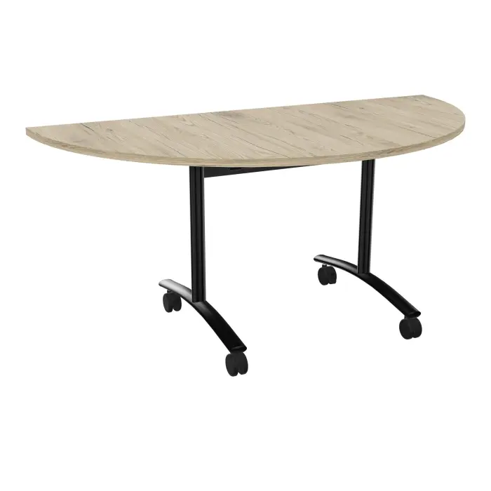 Table abattante modulable 1/2 lune L. 165 x P. 82,5 x H. 73,5 cm - plateau mélamine ép. 25 mm mélamine chêne Brunswick piètements métalliques sur roulettes métal lisse noir