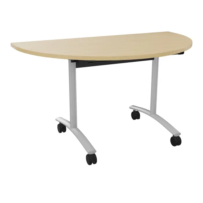 Table abattante modulable 1/2 lune L. 136 x P. 78 x H. 73,5 cm - plateau ép. 25 mm mélamine Chêne naturel piètements sur roulettes métal lisse gris aluminium