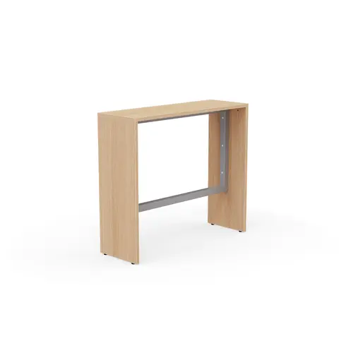 Table haute Elisa L.120 cm x P. 40 cm x H. 105 cm plateau Chêne naturel épaisseur 25mm pré-percé 2 obturateurs pieds Chêne naturel cadre métal lisse gris aluminium repose pieds 50 cm x 50 cm