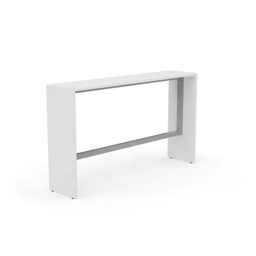 Table haute Elisa L.180 cm x P. 40 cm x H. 105 cm plateau mélamine blanc neige épaisseur 25mm pré-percé 2 obturateurs pieds mélamine blanc neige cadre métal lisse gris aluminium repose pieds 50 cm x 50 cm