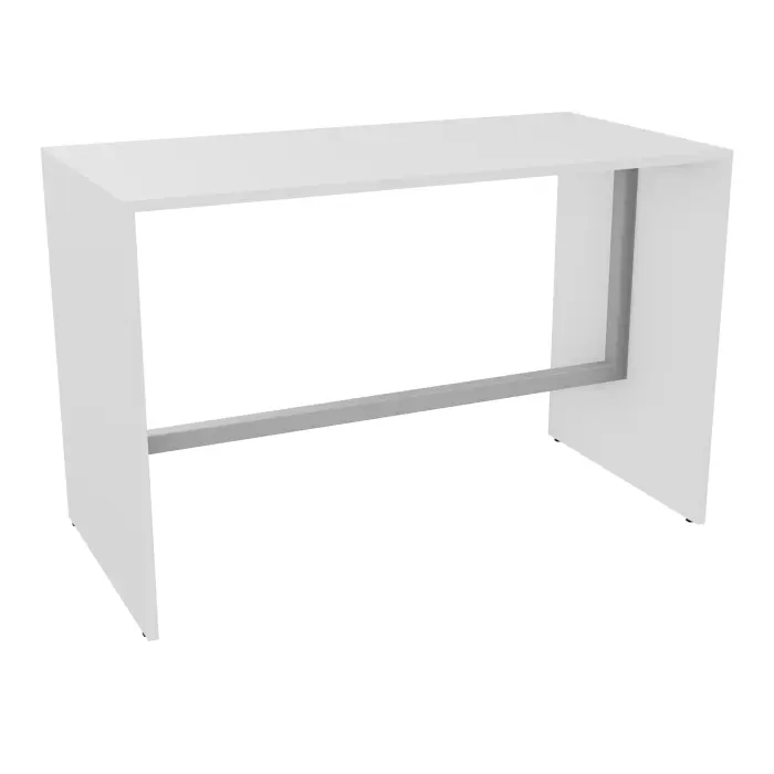 Table haute Elisa L.160 cm x P. 80 cm x H. 105 cm plateau mélamine blanc neige épaisseur 25mm pieds mélamine blanc neige cadre métal lisse gris aluminium repose pieds 50 cm x 50 cm