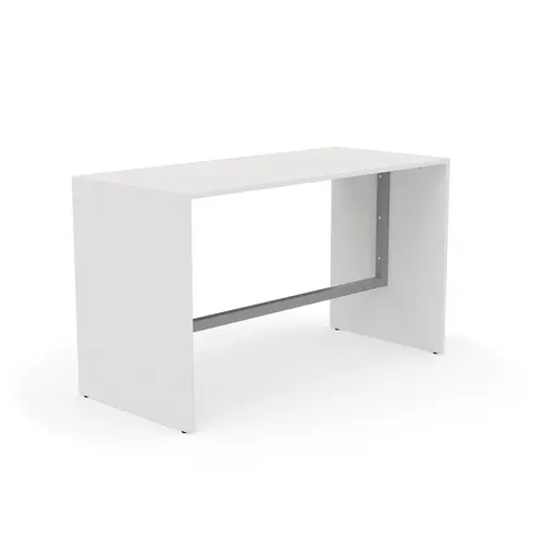 Table haute Elisa L.180 cm x P. 80 cm x H. 105 cm plateau mélamine blanc neige épaisseur 25mm pieds mélamine blanc neige cadre métal lisse gris aluminium repose pieds 50 cm x 50 cm
