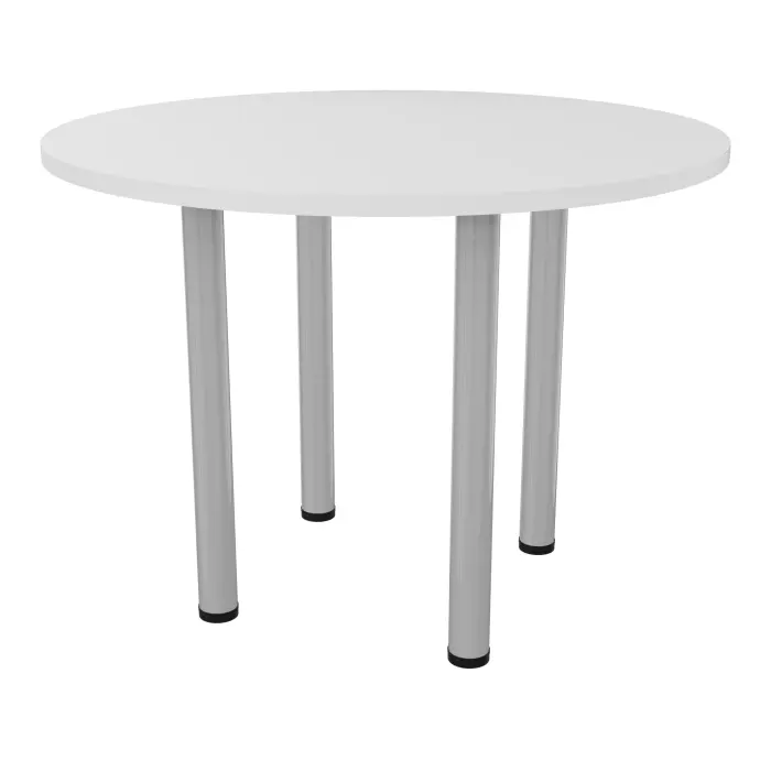 Table de réunion individuelle ronde Ø 100 cm ép. 25 mm mélamine blanc neige sur 4 pieds tube ronds Ø 60 mm métal lisse gris aluminium fixes