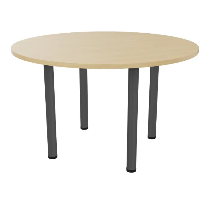 Table de réunion individuelle ronde Ø 120 cm ép. 25 mm mélamine Chêne naturel sur 4 pieds tube ronds Ø 60 mm métal structuré gris anthracite fixes