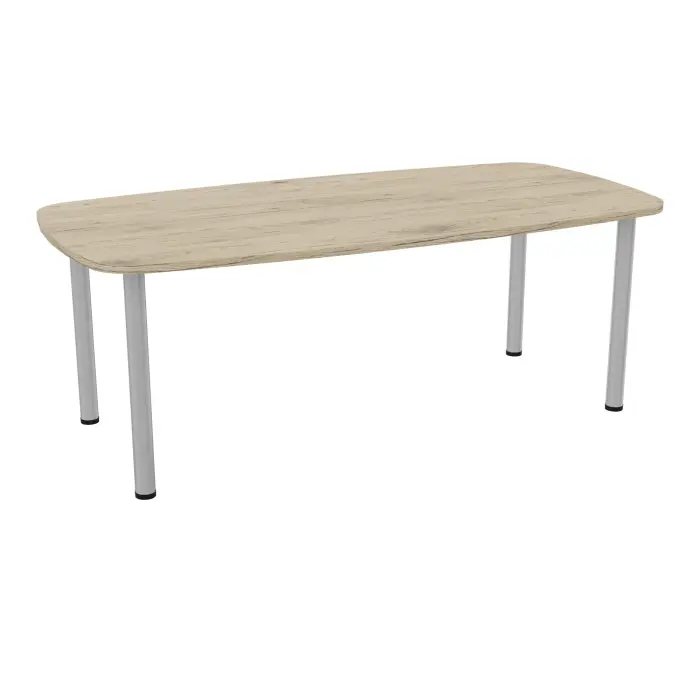 Table ovale Eloise P. 100 x L. 200 mélamine chêne Brunswick épaisseur 25mm percé obturateur 4 pieds ronds métal lisse gris aluminium