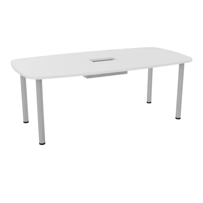 Table ovale Eloise P. 100 x L. 200 mélamine blanc neige épaisseur 25mm percé trappe double accès 4 pieds ronds métal lisse gris aluminium