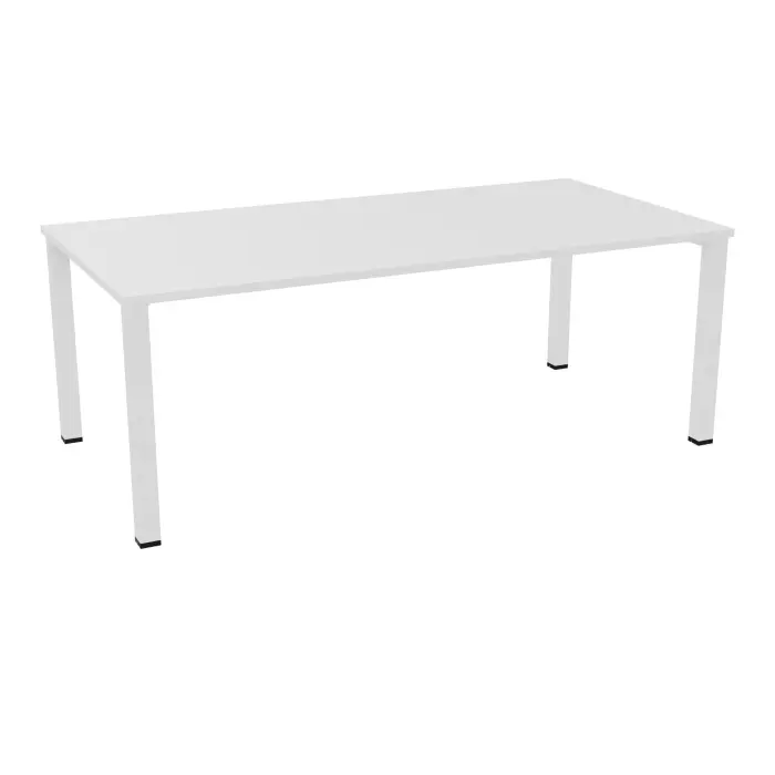 Table rectangulaire Eloise P. 100 x L. 200 cm mélamine blanc neige pré percé 2 obturateurs épaisseur 25mm 4 pieds carrés 60 x 60 métal lisse blanc