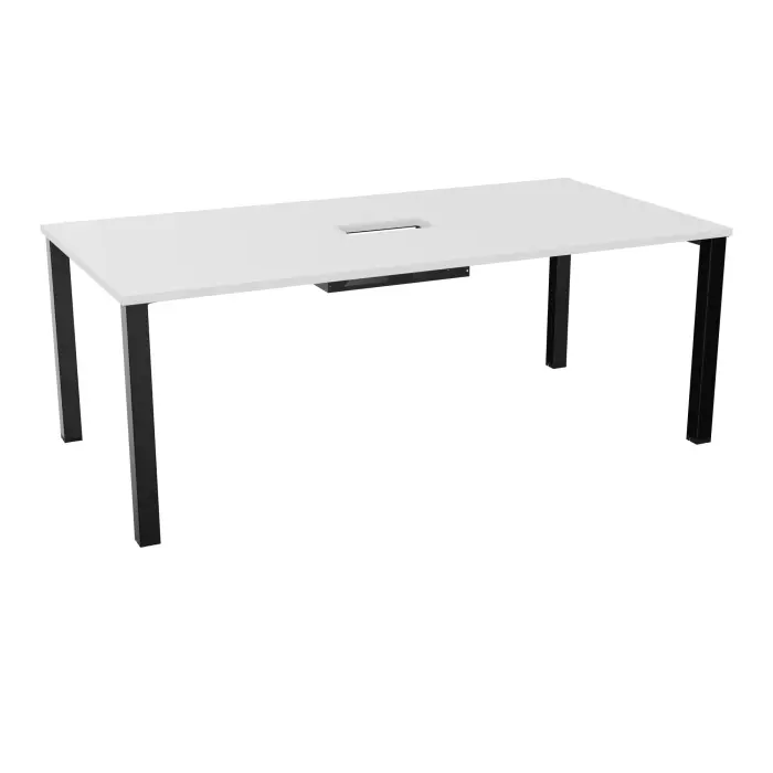 Table rectangulaire Eloise P. 100 x L. 200 cm mélamine blanc neige découpée trappe centrale double accès épaisseur 25mm 4 pieds carrés 60 x 60 métal lisse noir