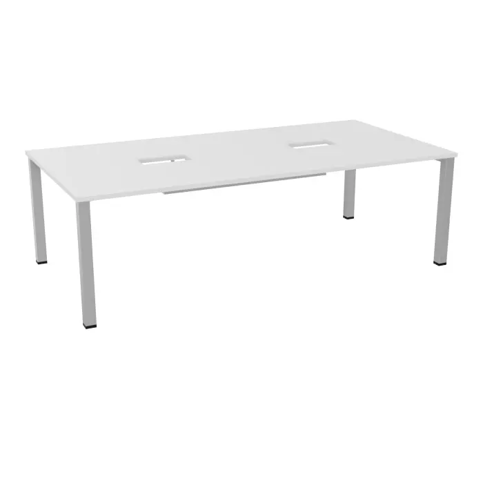 Table rectangulaire Eloise P. 120 x L. 240 cm mélamine blanc neige découpée 2 trappes centrales double accès épaisseur 25mm 4 pieds carrés 60 x 60 métal lisse gris aluminium