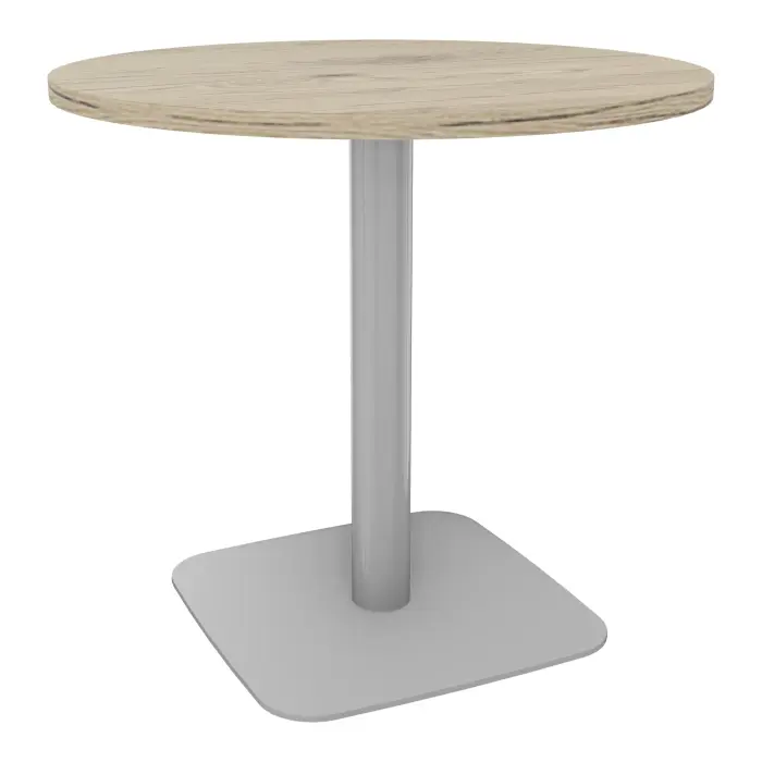 Table ronde Eloise D. 80 cm x H. 73,5 cm mélamine chêne Brunswick épaisseur 25mm pied central métal lisse gris aluminium