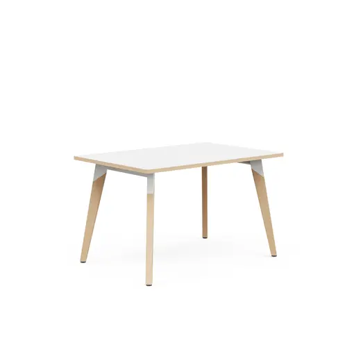Table Evasion L. 120 x P. 80 x H. 73,5 cm - plateau stratifié blanc ép. 25 mm - 4 pieds en hêtre naturel vernis massif surmontés d'une structure métal structuré blanc
