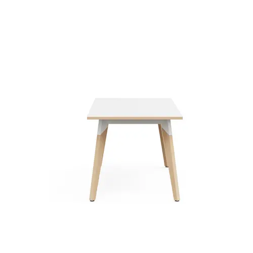 Table Evasion L. 140 x P. 80 x H. 73,5 cm - plateau stratifié blanc ép. 25 mm - 4 pieds en hêtre naturel vernis massif surmontés d'une structure métal structuré blanc