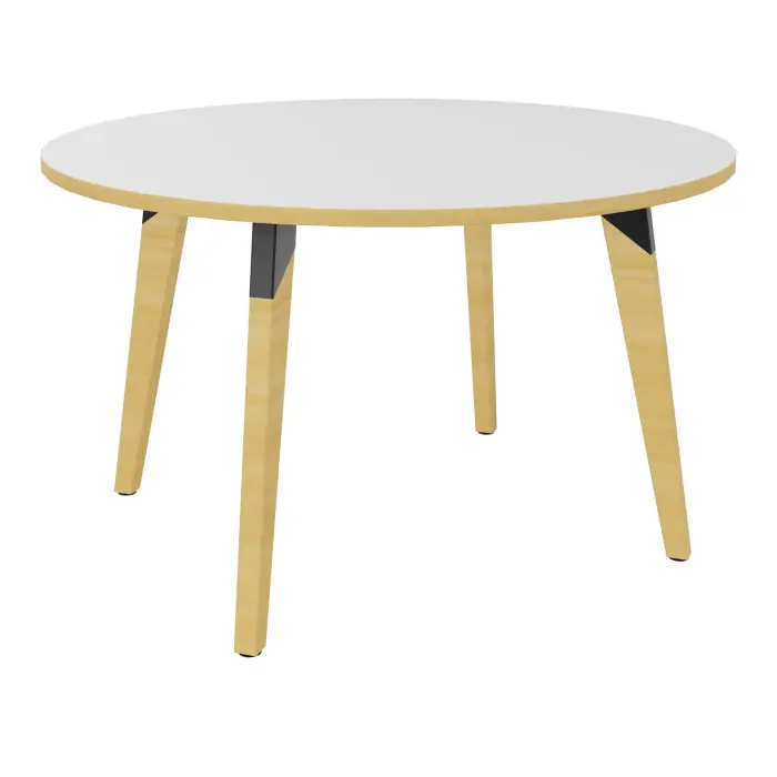 Table Evasion D. 120 x H. 73,5 cm - plateau stratifié blancép. 25 mm - piètement en hêtre naturel vernis massif surmonté d'une structure métallique métal lisse noir