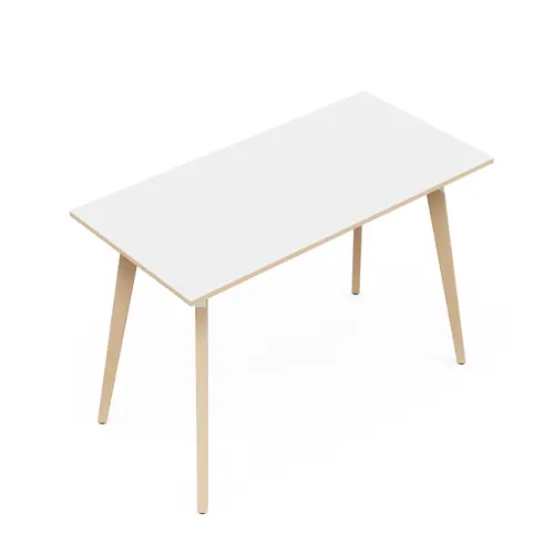 Table Evasion L. 160 x P. 80 x H. 110 cm - plateau stratifié blanc ép. 25 mm - 4 pieds en hêtre naturel vernis massif surmontés d'une structure métal structuré blanc