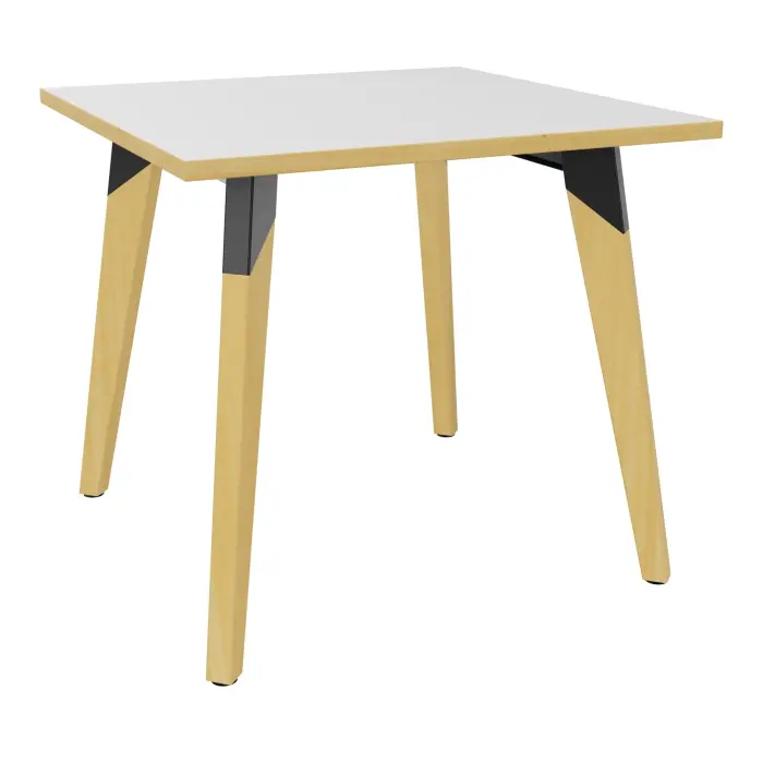Table Evasion L. 80 x P. 80 x H. 73,5 cm - plateau stratifié blanc ép. 25 mm - piètement en hêtre naturel vernis massif surmonté d'une structure métallique métal lisse noir