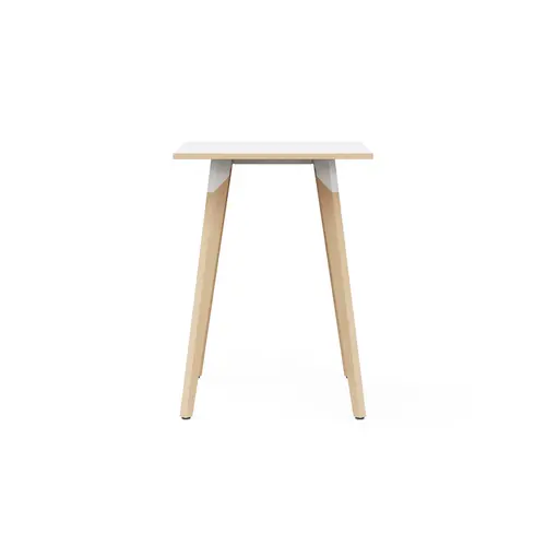 Table Evasion L. 80 x P. 80 x H. 110 cm - plateau stratifié blanc ép. 25 mm - piètement en hêtre naturel vernis massif surmonté d'une structure métallique finition métal structuré blanc