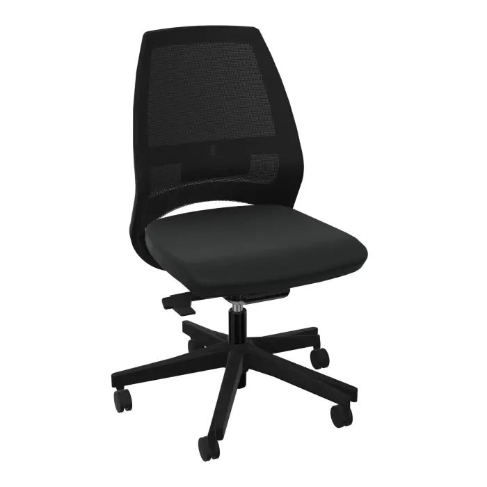 Siège Elliot autorégulé bas dossier résille noire avec coque noire - tissu Bondaï noir - Piétement nylon noir sur roulettes pour sol dur
