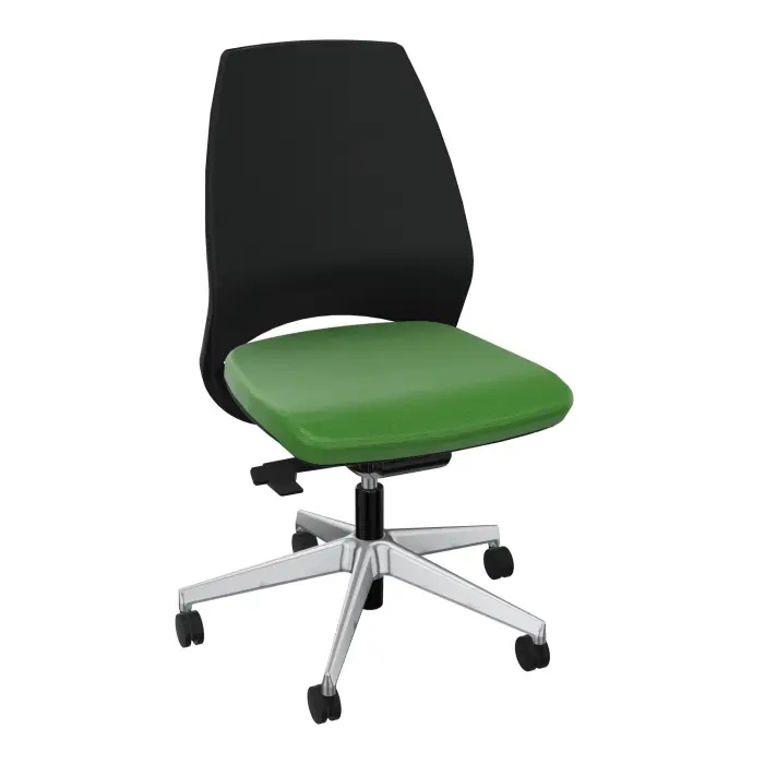Siège Elliot avec réglage tension latérale - bas dossier matelassé avec coque noire - tissu Step bambou - Piétement métal chromé sur roulettes pour sol dur