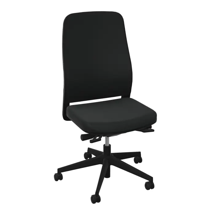 Siège Léon synchrone avec translation d'assise - dossier/assise tissu Bondaï noir - cadre noir - piétement nylon noir sur roulettes pour sol souple 65 mm