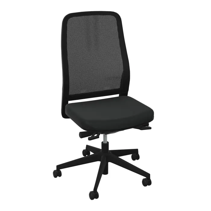 Siège Léon synchrone avec translation d'assise - assise tissu Bondaï noir - dossier résille noire - cadre noir - piétement nylon noir sur roulettes pour sol dur 65 mm