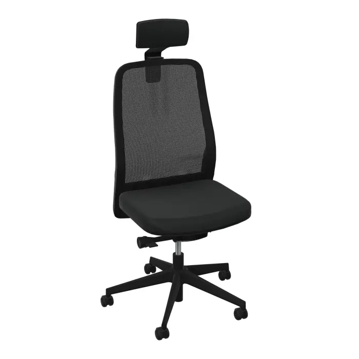 Siège Léon synchrone latéral et têtière - assise tissu Bondaï  noir - dossier résille noire - cadre noir - piétement nylon noir sur roulettes pour sol souple 50 mm
