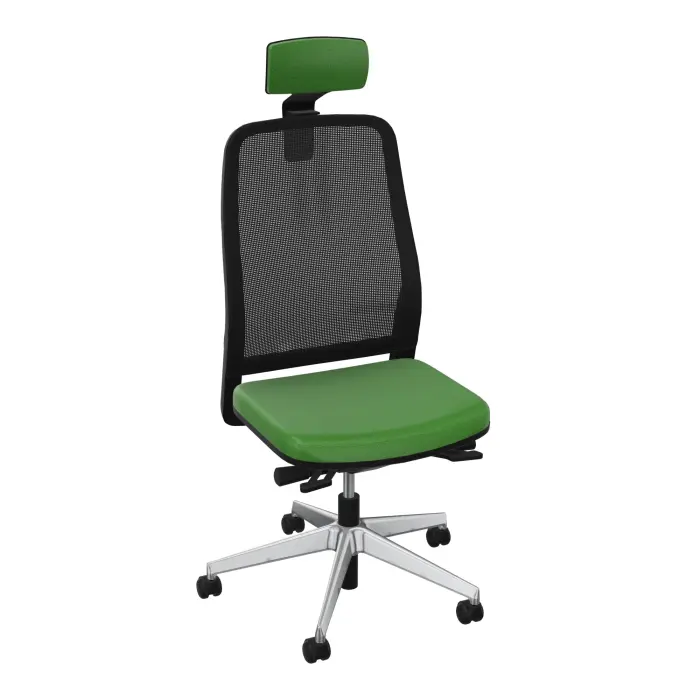 Siège Léon synchrone avec translation d'assise et têtière - assise tissu Step bambou - dossier résille noire - cadre noir - piétement métal chromé sur roulettes pour sol dur 65 mm