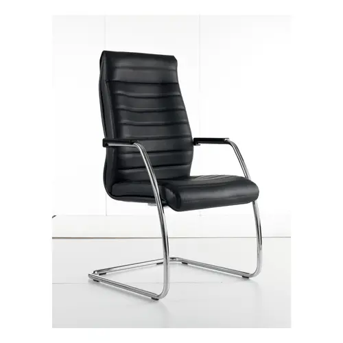 Fauteuil visiteur Manhattan cuir noir piétement aluminium poli