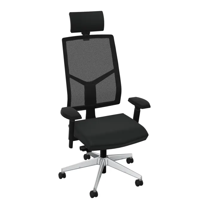 Siège Opus NPR mécanisme synchrone haut dossier résille noire avec têtière - assise revêtement tissu Bondaï noir - piétement 5 branches métal chromé - équipé d'une paire d'accotoirs 4D - Roulettes pour sol soup