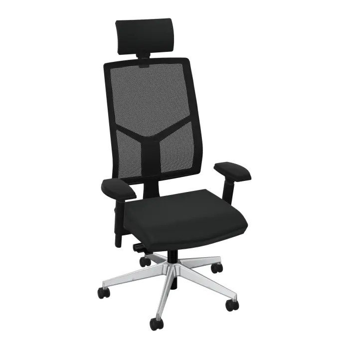Siège Opus NPR mécanisme synchrone haut dossier résille noire avec têtière - assise revêtement tissu Bondaï noir - piétement 5 branches métal chromé - équipé d'une paire d'accotoirs 4D - Roulettes pour sol soup