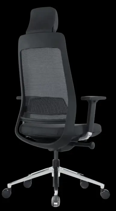 Tension réglable latéralement, 7 intensités, anti-retour
Translation d'assise
Dossier filet noir uniquement
Structure noire
Support lombaire réglable, têtière réglable en imitation cuir noir
Accoudoirs réglables 4 D, manchettes soft touch
Coloris assise tissu noir uniquement, non classé au feu
Lift double cône classe 4
Pied aluminium poli, roulettes Ø 60 mm