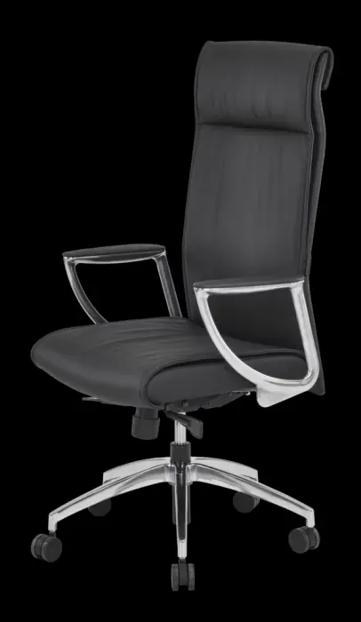 Fauteuil de Direction Tension réglable, anti-retour Stock cuir fleur corrigée pigmentée noir uniquement Support lombaire réglable Accoudoirs en alu poli Lift. Pied alu poli