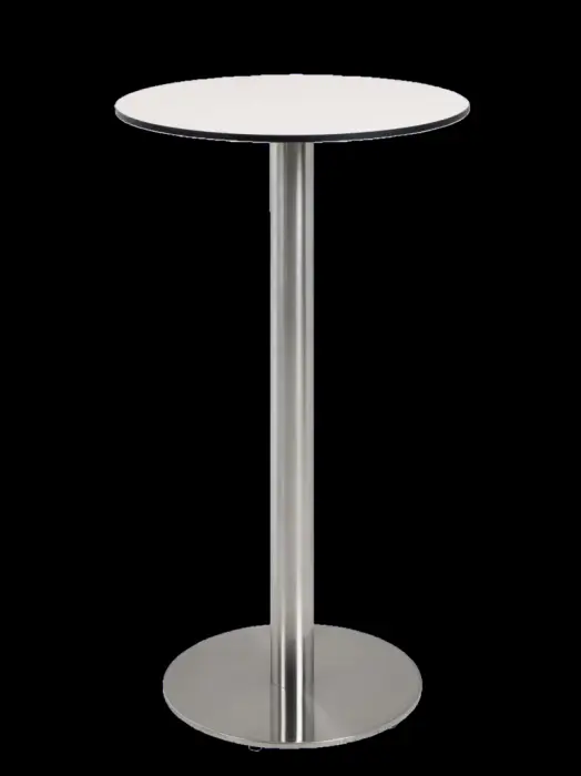 Plateau compact HPL (High Pressure Laminate) coloris blanc casséPied et colonne en acier inox brosséPlateau Ø 60 cmHauteur 103 cmBase en acier inox Ø 45 cm