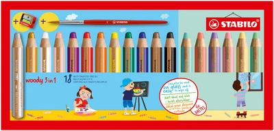 STABILO Crayon multi-talents woody 3 en 1, étui carton de 18