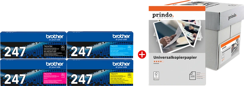 Brother TN-247 MCVP 01 Noir(e) / Cyan / Magenta / Jaune Value Pack (+ Prindo Universal Papier 2500 Blatt)